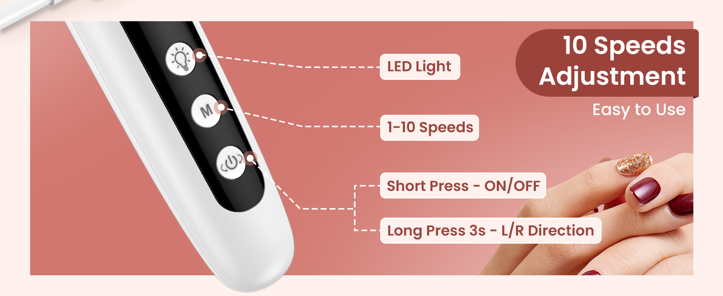 Електричний фрезер для манікюру та педикюру з 6 насадками, 10 швидкостей, LED-підсвічуванням, акумуляторний, для догляду за нігтями
