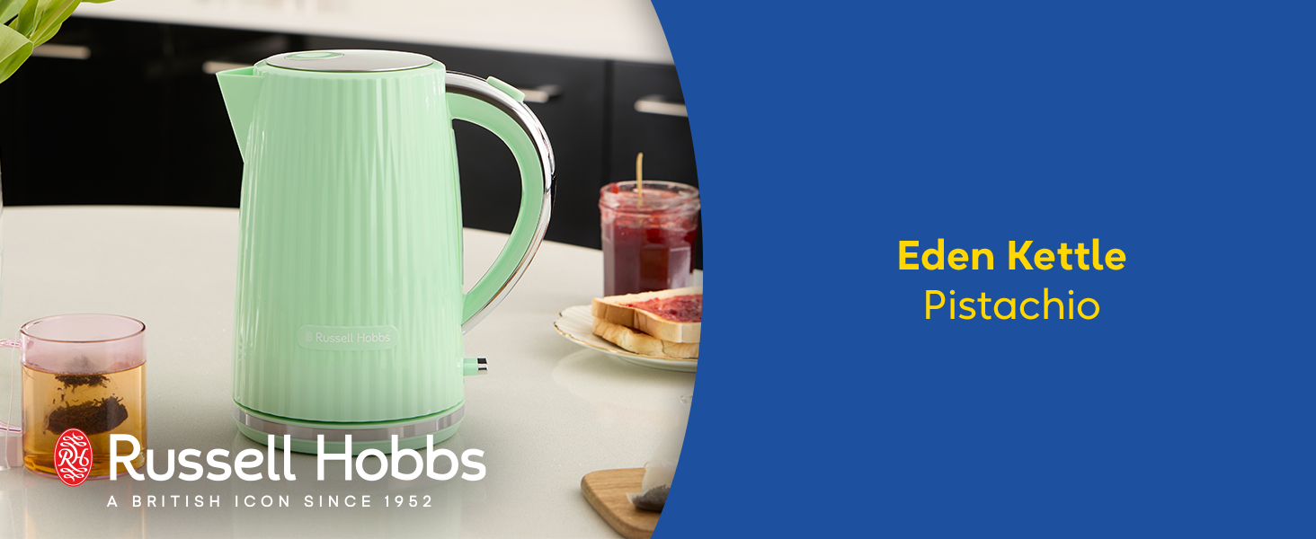 Електрочайник Russell Hobbs Eden 1,7 л, 2400 Вт, білий, з нержавіючої сталі, знімний фільтр від накипу, кнопка відкриття кришки, індикатор рівня води, підсвічування, BPA-free, 27360-70 (пісташковий)