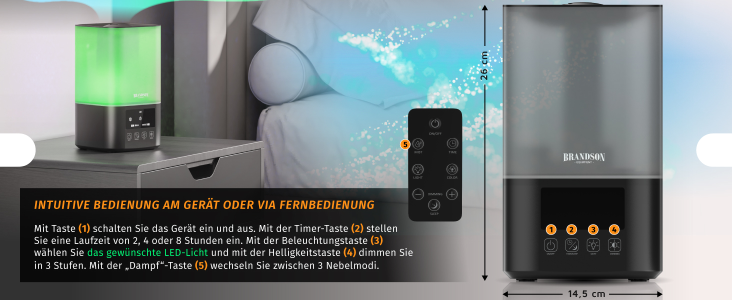Зволожувач повітря Brandson 2.5л з керуванням від пульта, LED-підсвічуванням RGB та тихим мотором 30dB - для спальні, дитячої, вітальні