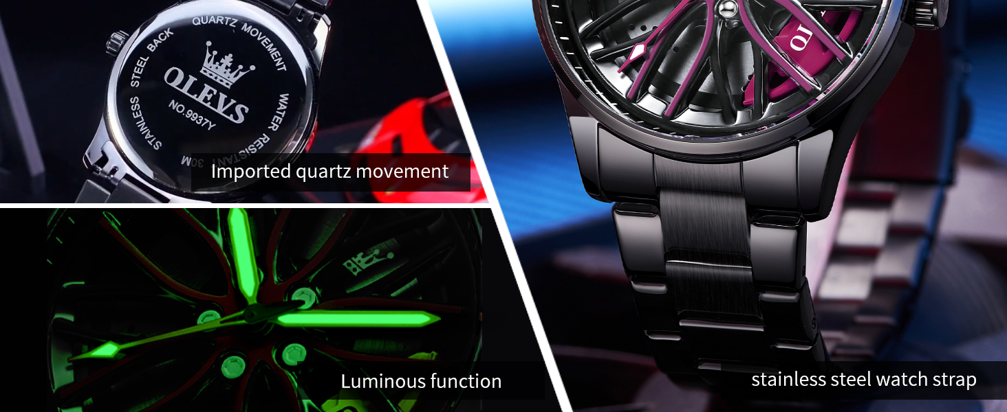 Чоловічий годинник OLEVS Quartz (9937 Blau) — Спортивний сталевий годинник з дизайном автоколеса, водонепроникний, з підсвічуванням циферблата