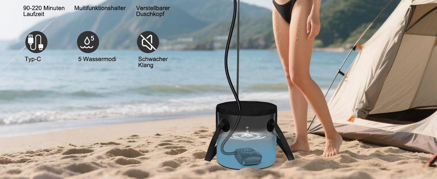 Портативна кемпінгова душ AUTOPkio з акумулятором 8000mAh, насосом та дисплеєм. IPX8, водонепроникна для відпочинку на природі, миття авто та домашнього використання. Чорний колір