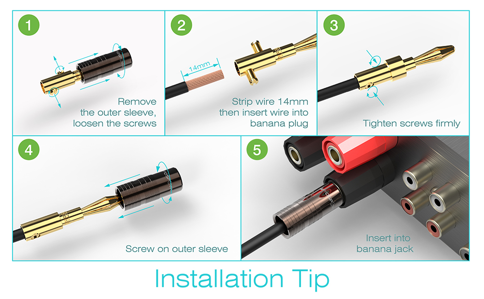 Позолочені бананові роз'єми FosPower для акустичних кабелів, сабвуфера та стінових панелей, 24K Gold, High-End (10 шт / 5 пар: 5 червоних, 5 білих)