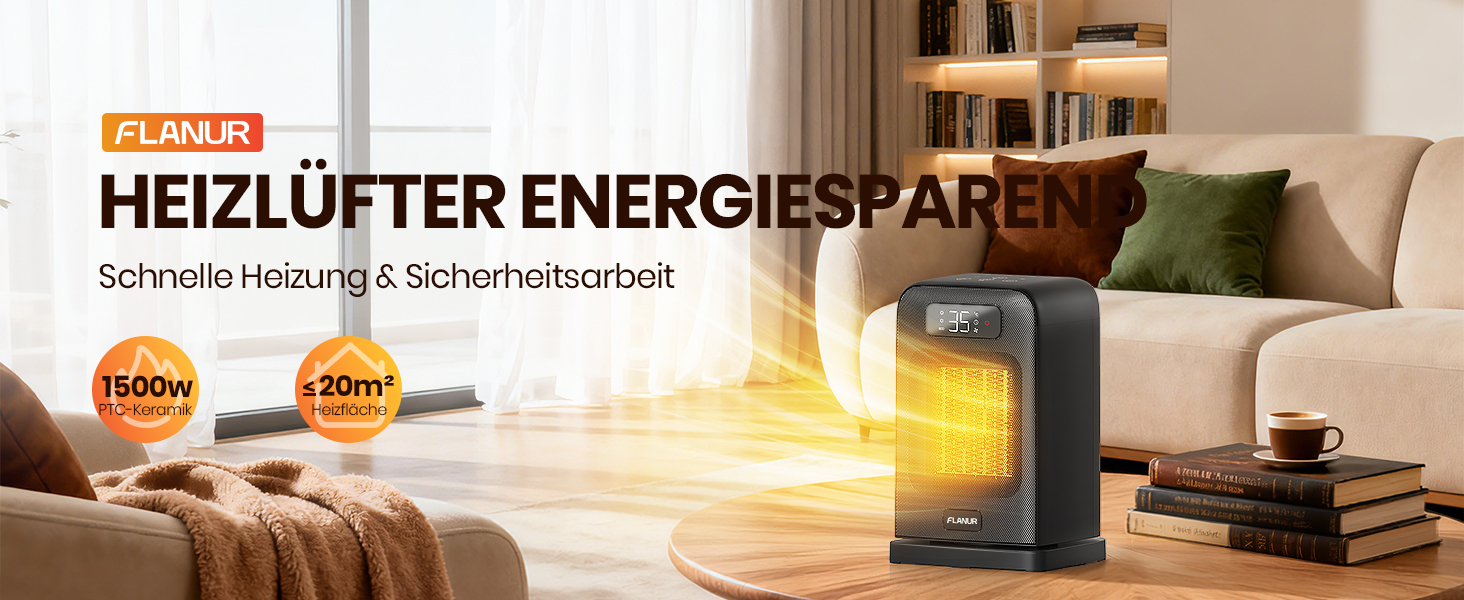 Електричний обігрівач 1500W з PTC керамічним нагрівачем, тихий, з термостатом та пультом дистанційного керування, ECO режим, 70° осциляція, 12h таймер, захист від перегріву та перекидання, чорний, 26 см