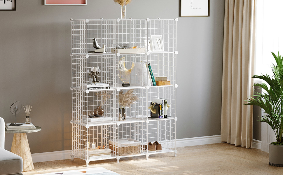 AWTATOS Regal 12 Regal Wire Cube Stackable Shelf Cube DIY Metal Grid Shelf Cube Bookshelf Cube Shelf With Doors For Living Room, Bedroom, Bathroom USCIH12BE (Large, White)