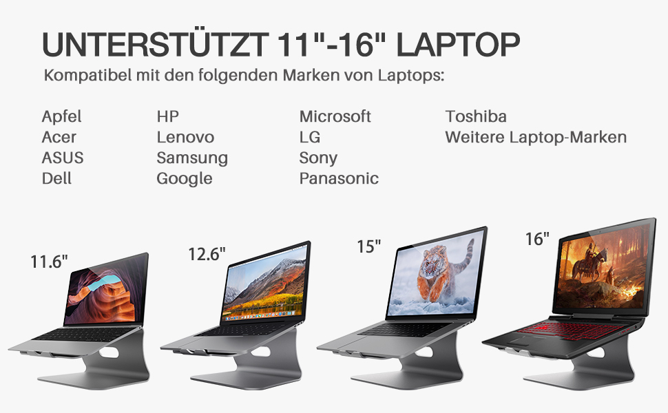 Підставка для ноутбука з алюмінію, сіра, для MacBook, Dell, HP, Lenovo, Microsoft Surface, Samsung (11-16 дюймів)
