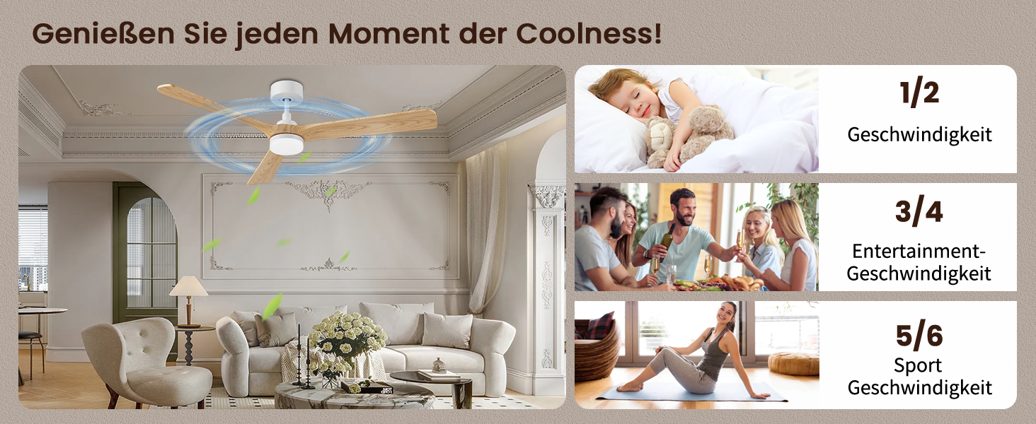 Стеляний вентилятор Holz з підсвічуванням, тихий DC-двигун, 90 см, для вулиці, 3 дерев'яні лопаті, регульоване LED-освітлення 24W, пульт з пам'яттю, 6 швидкостей, таймер (дерево, 52 дюйми)