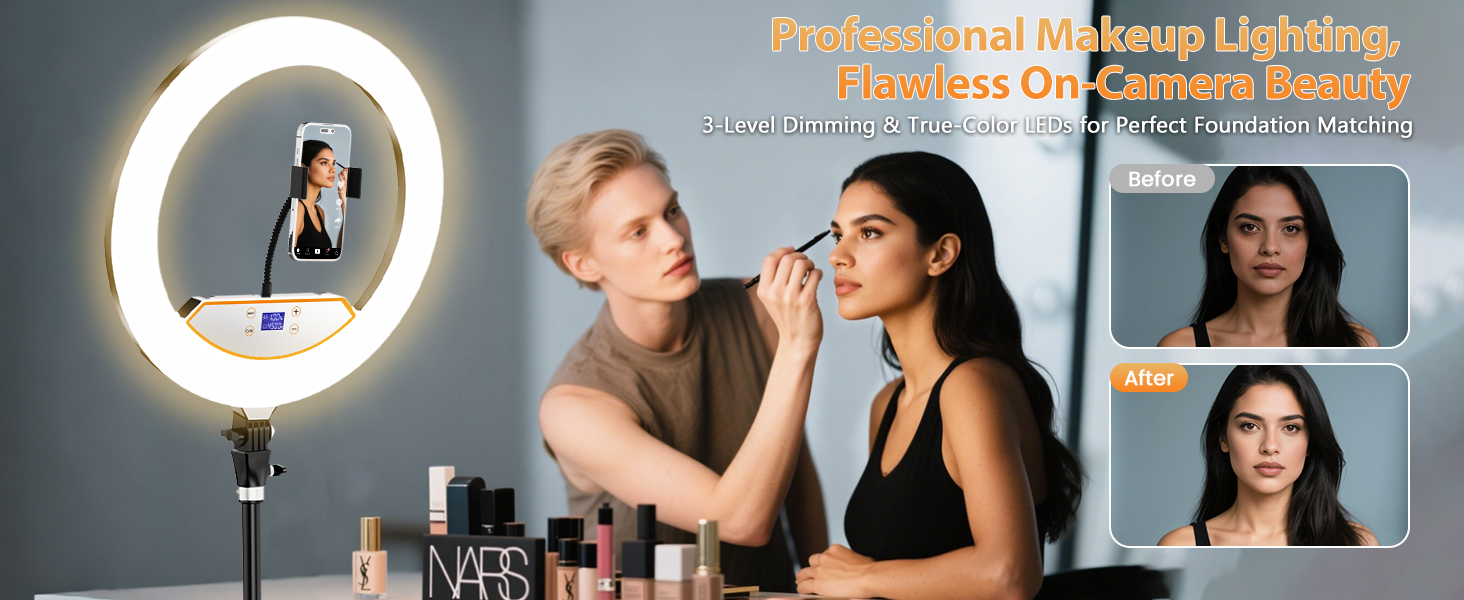 Кільцеве світло 22 дюйма з штативом 175 см, LED дисплей, 2 USB порти, регульована яскравість, для фото та відео, TikTok, макіяж, тату, б'юті-блогер, стиліст, барбер, фотограф, чорний