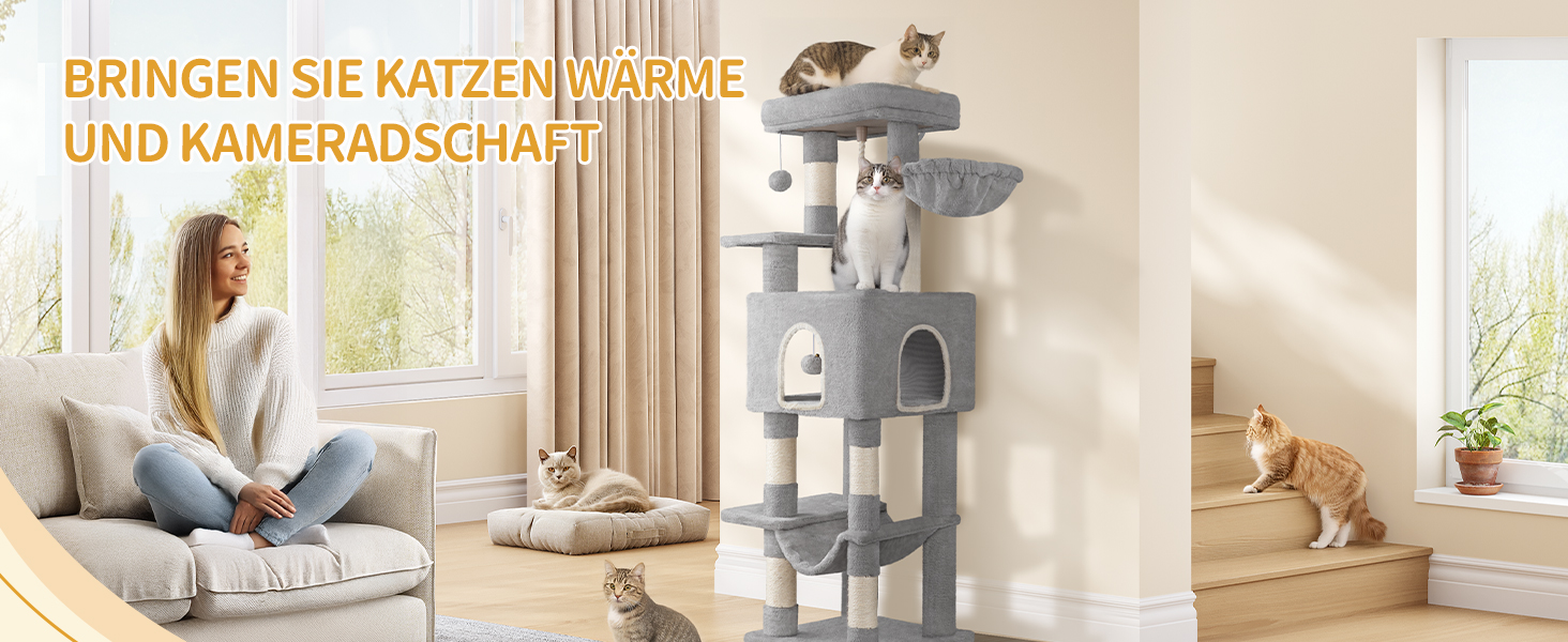 Двоповерховий комплекс для котів з 5 стовпчиками для шліфування, платформами, будиночком, помпонами, сірий (149см)