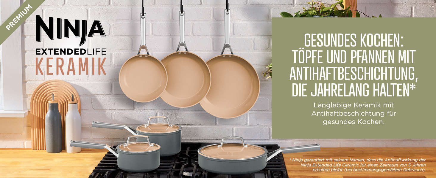 Ninja Extended Life Ceramic Cookware Set - 5 Piece (20 & 24 inch Saute Pans + 16, 18 & 20 inch Pots with Lids), Non-Stick (PFOA, PFOS Free), Oven Safe, Grey & Terracotta
