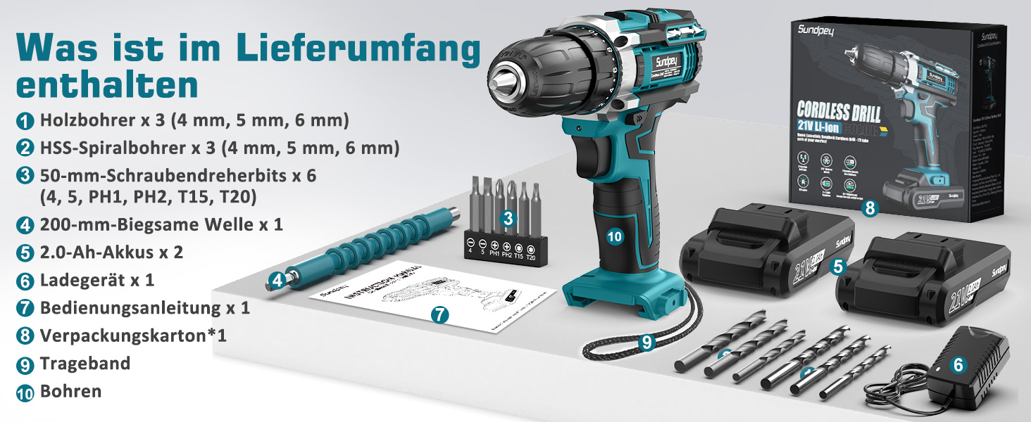 Акумуляторний шуруповерт Sundpey Set з 2 акумуляторами 2.0Ah, 21V, 1500 об/хв, 45Nm, 18+1 режим, LED-підсвічування, для ремонту та DIY