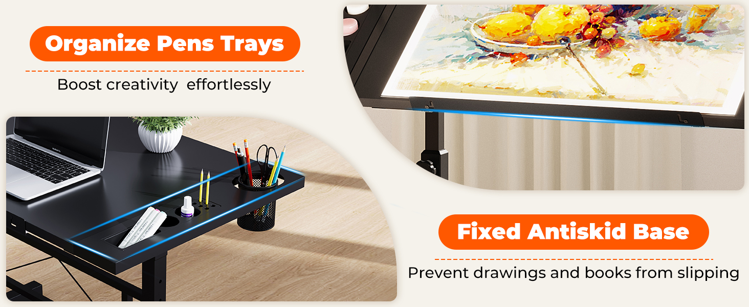 Adjustable Drafting Table with Tilting Surface (0-60°) - Height Adjustable Art Table with Stool and Storage for Home & Office - Black Wood Finish