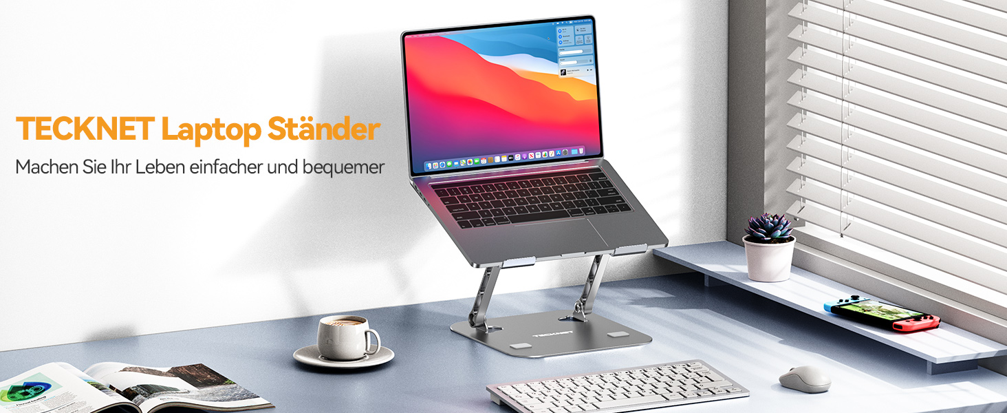 Підставка для ноутбука TECKNET регульована по висоті, ергономічна, складна, з вентиляцією, сумісна з 11-17.3 дюймами, для MacBook та планшетів (срібна)