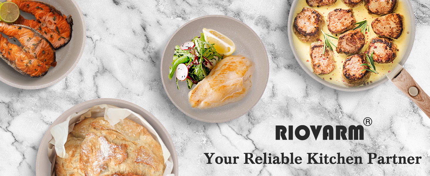 Набір посуду RIOVARM з індукційним дном, 15 предметів: каструлі та сковороди з антипригарним гранітним покриттям та знімними ручками, кришки з силікону. Без PFOA.