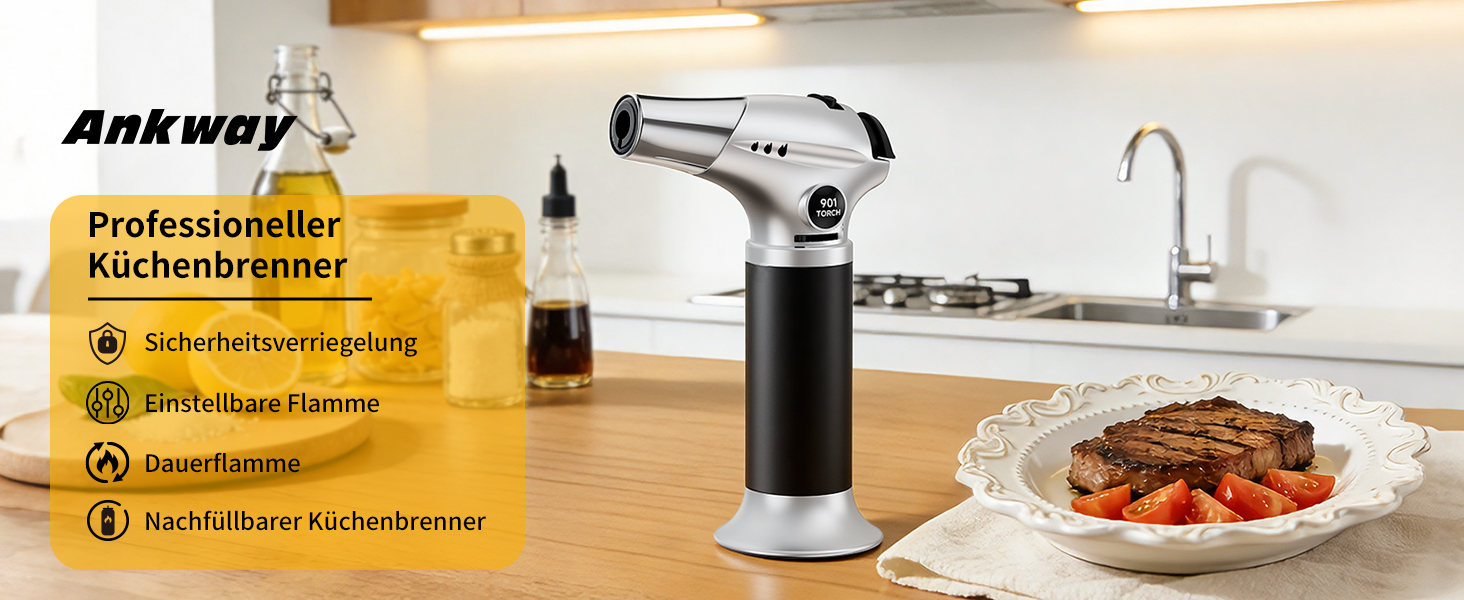 Кулінарний пальник Ankway для карамелізації та фламбування, газовий пальник для Крем-брюле з замком безпеки, регульований, сріблястий (бутан не входить)
