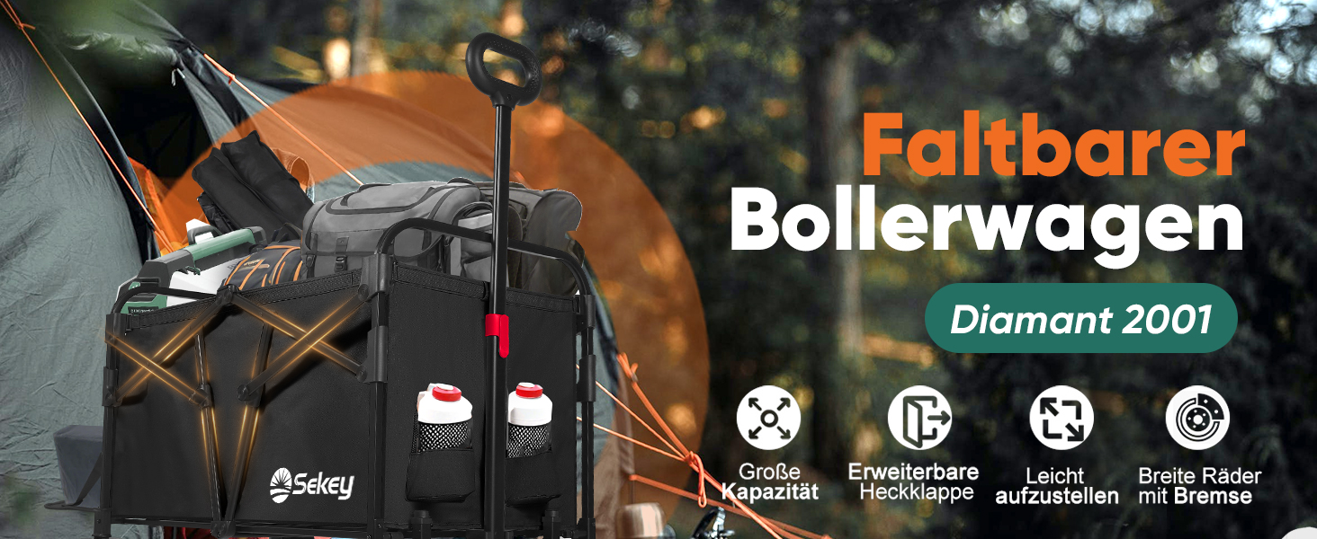Візок пляжний складаний Sekey Bollerwagen XXL 200кг 155л, чорний - для піску та транспортування речей