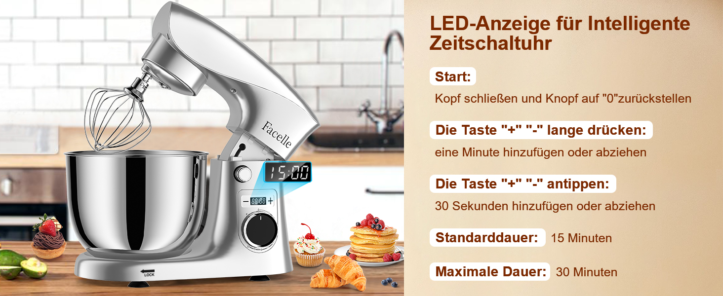 Кухонна машина-міксер Facelle 1500W з 5.5/4.5л чашею, 10+ програм, тиха робота, набір насадок (крюк, вінчик, віночок, захист від бризок)