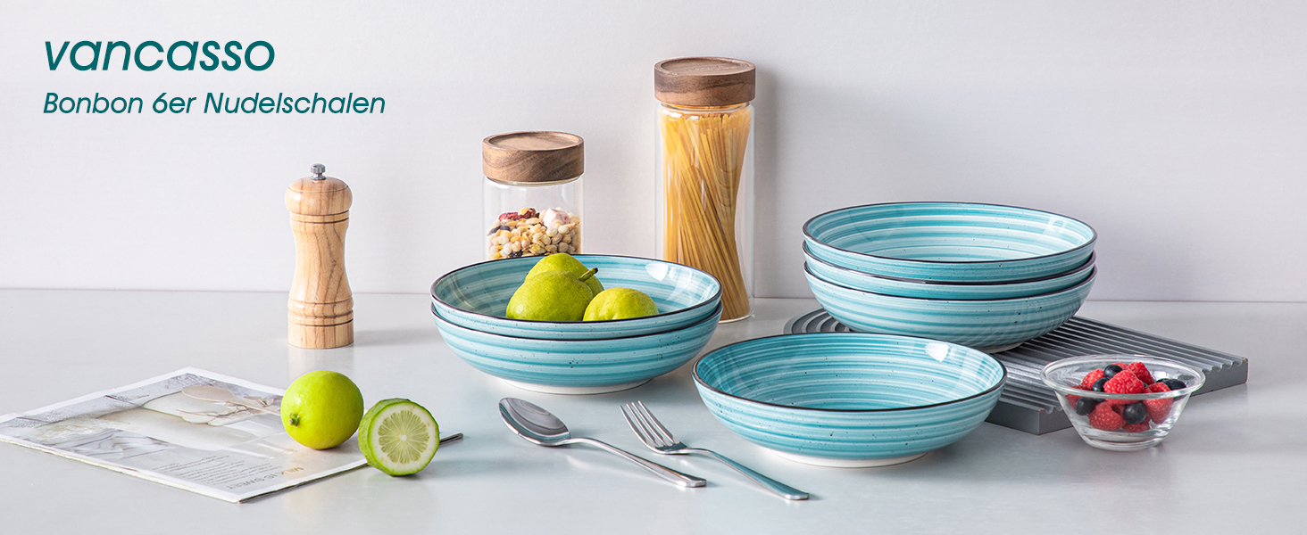 Набір супових тарілок Vancasso Bonbon (6 шт.), супові миски з кераміки, об'єм 1500 мл, глибокі тарілки для пасти, салатники, придатні для миття в посудомийній машині та використання в мікрохвильовій печі, блакитні