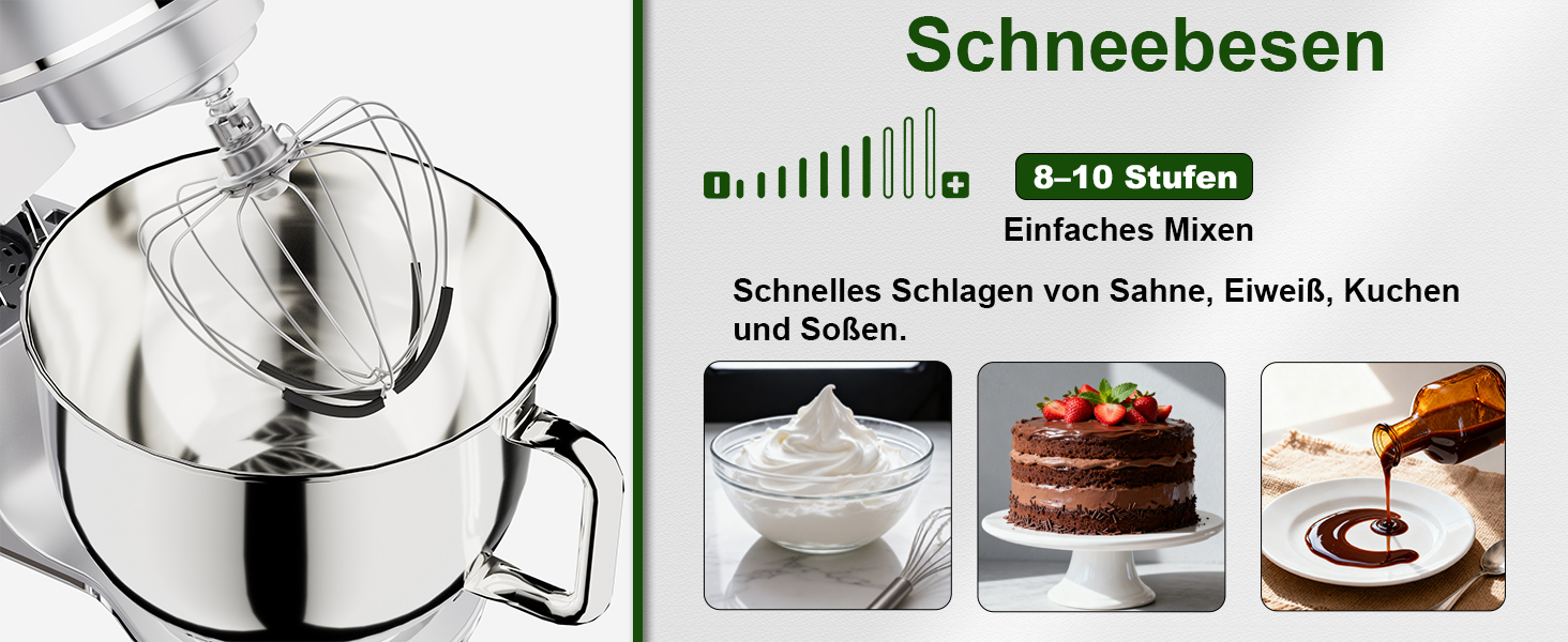 Кухонна машина Camic 2000W: планетарний міксер з чашею з нержавіючої сталі 7л, 10 швидкостями, набором насадок та захистом від бризок, сріблястий