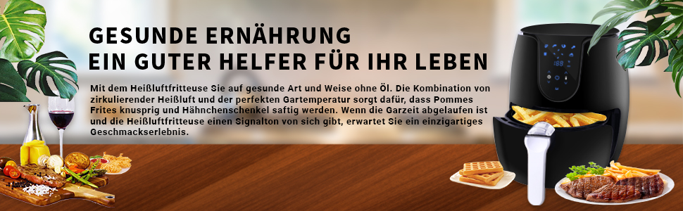 Фритюрниця без олії з 6 програмами приготування, LED-дисплей, книга рецептів, 1500W, чорна