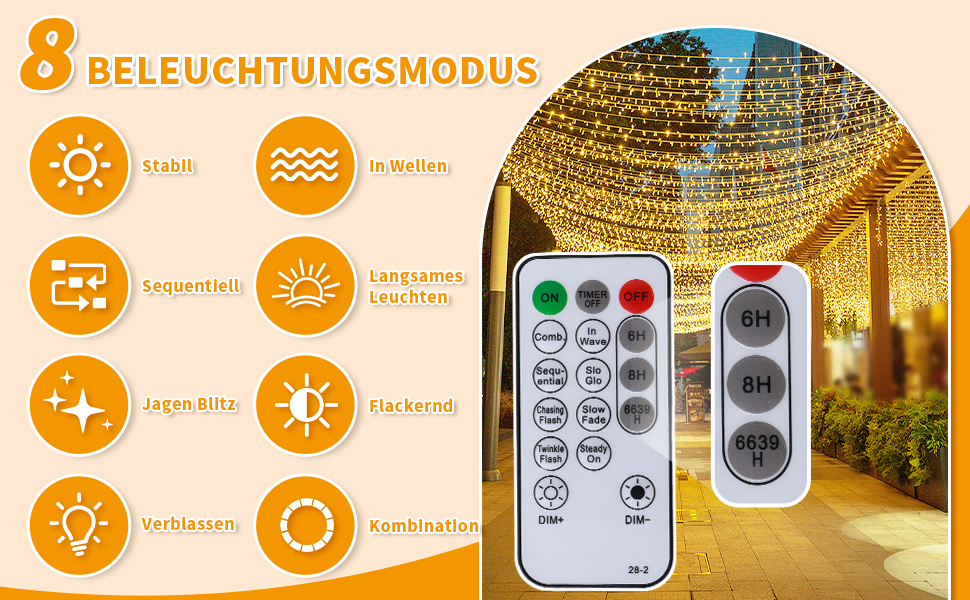LED гірлянда 20 метрів, 200 LED, тепле біле світло, 8 режимів, таймер, пульт, IP44, для декору саду, вечірки, весілля, Різдва