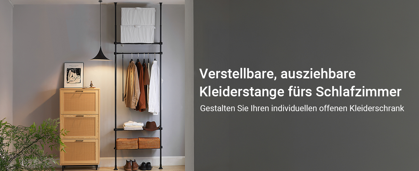 SoBuy Телескопічна вішалка для одягу, розширювана, чорна. Розсувна шафа з полицями для спальні, підлоговий гардероб SoBuy KLS07-SCH