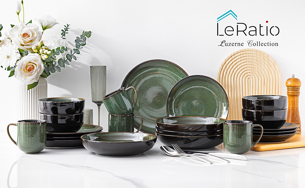 Набір посуду LeRatio для 8 осіб: 24-частинний комплект з кераміки з реактивною глазур'ю (смарагдовий, 24 частини)