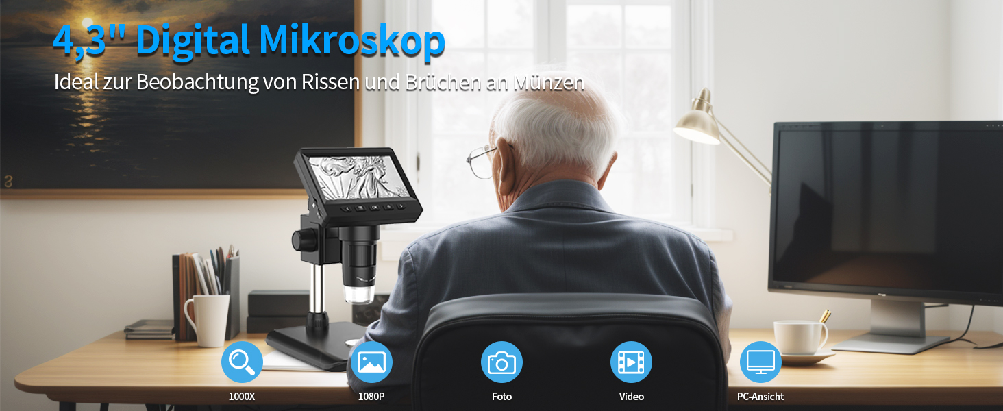 Цифровий мікроскоп AOPICK з LCD екраном, 50X-500X, 4.3 дюйма, 1080P, USB, 8 LED, для дорослих/дітей, сумісний з MacOS/Windows (чорний)