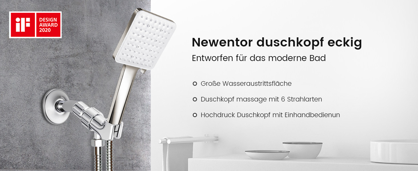 Душова лійка Newentor зі шлангом 1,5 м, високий тиск, 6 режимів, срібна (з золотим душовим краном)