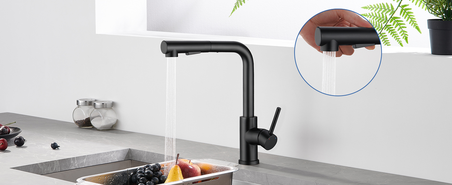 Висувна кухонна змішувач з душем, 360° поворот, кухонна арматура з двома режимами струменя, з нержавіючої сталі, чорний, з висувною насадкою