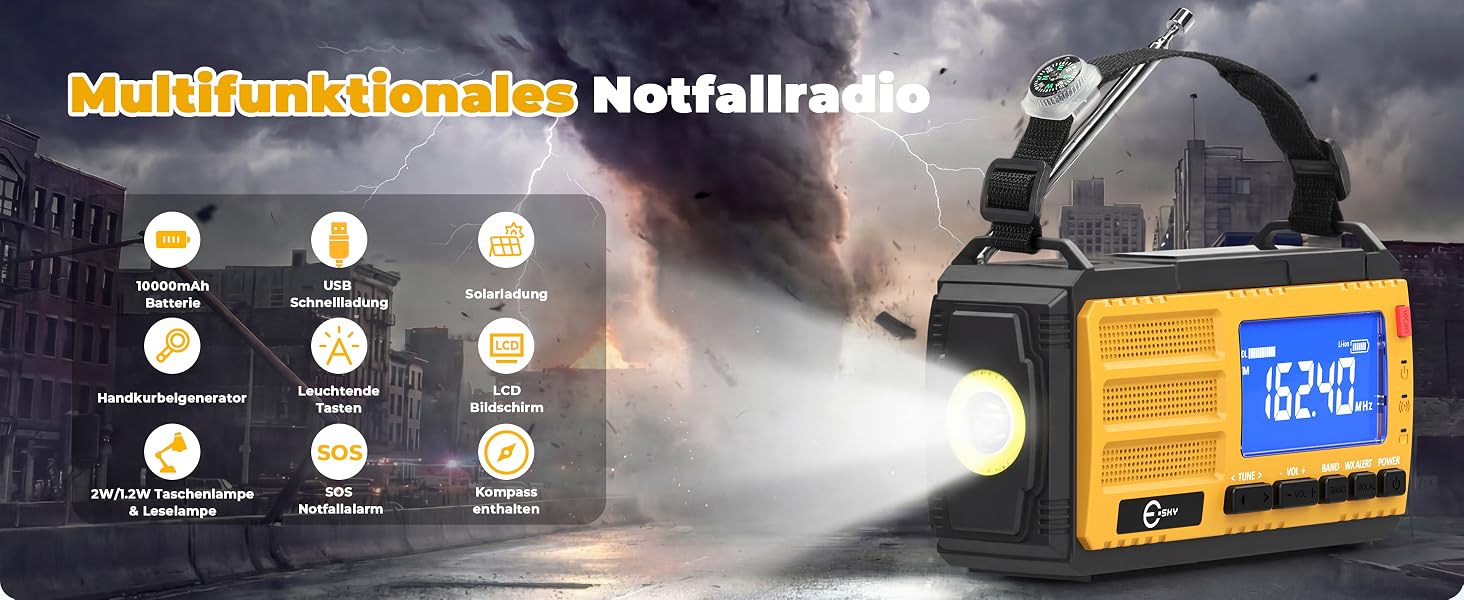 Радіоприймач Esky Kurbelradio з сонячною батареєю, 10000mAh, AM/FM, USB-зарядка, LED-ліхтарик, SOS-сигнал, компас, для кемпінгу та надзвичайних ситуацій, жовтий