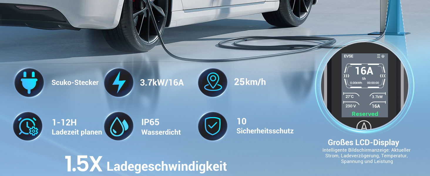 Кабель для зарядки електромобілів Schuko 3,7kW, 7м, 6-16A, 1-фазний, IP65, з LCD-дисплеєм, регульована потужність, таймер, для електромобілів та PHEV