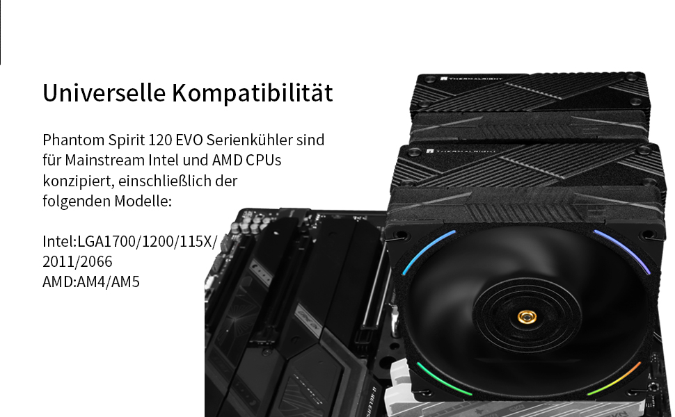 Охолоджувач CPU Thermalright Phantom Spirit 120 EVO: повітряне охолодження з 7 теплових трубок, Dual-PWM вентилятор, підтримка AMD AM4/AM5 та Intel 1700/1150/1151/1200/17XX/2011