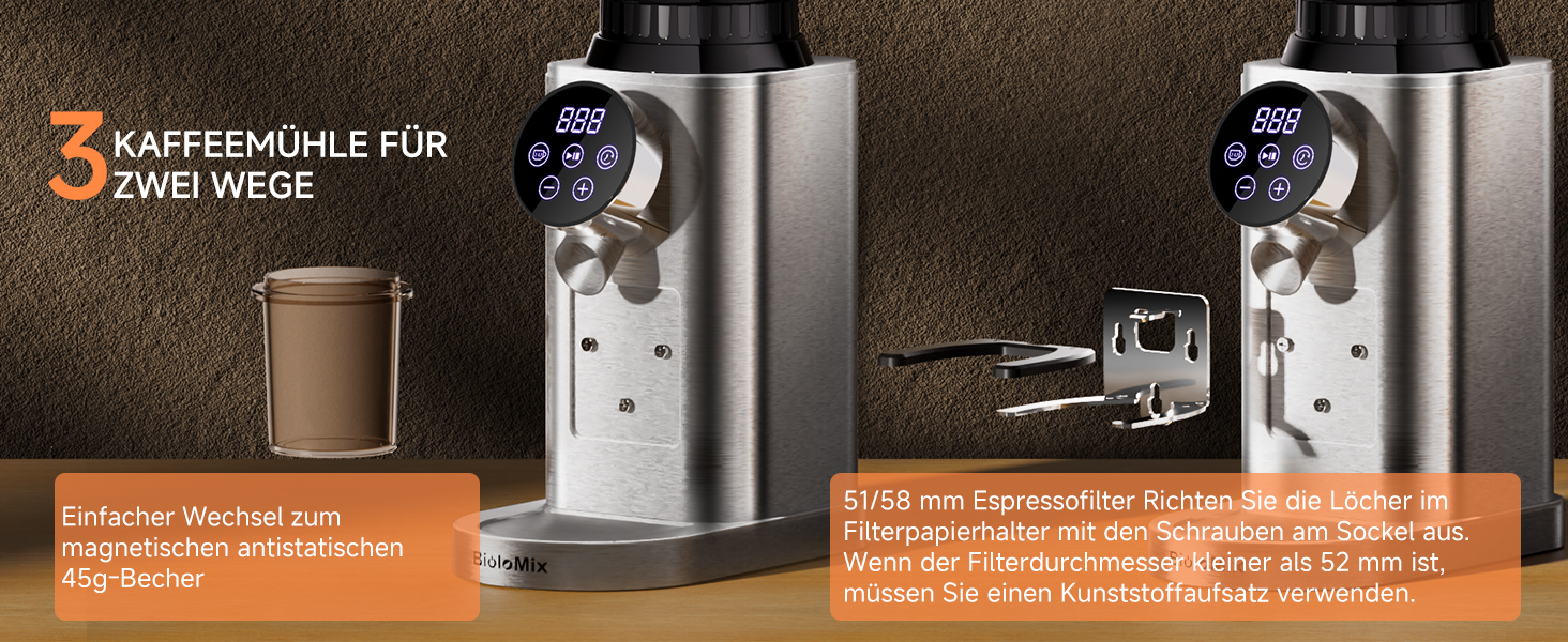Електрична кавомолка Biolomix для еспресо з регулюванням помелу та контейнером для портафільтра (CG210-2)