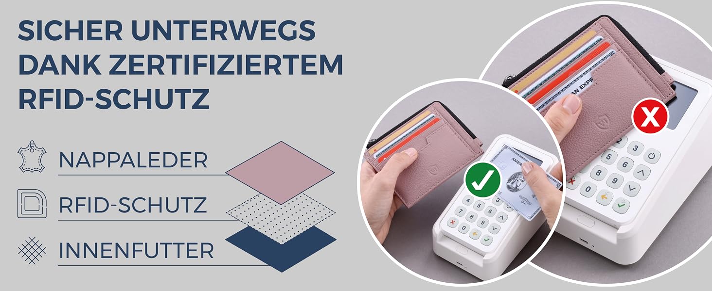 Шкіряний RFID картхолдер VON HEESEN з натуральної шкіри наппа, портмоне для кредитних карток на 9 відділень, унісекс (Коньяк/Лаванда)