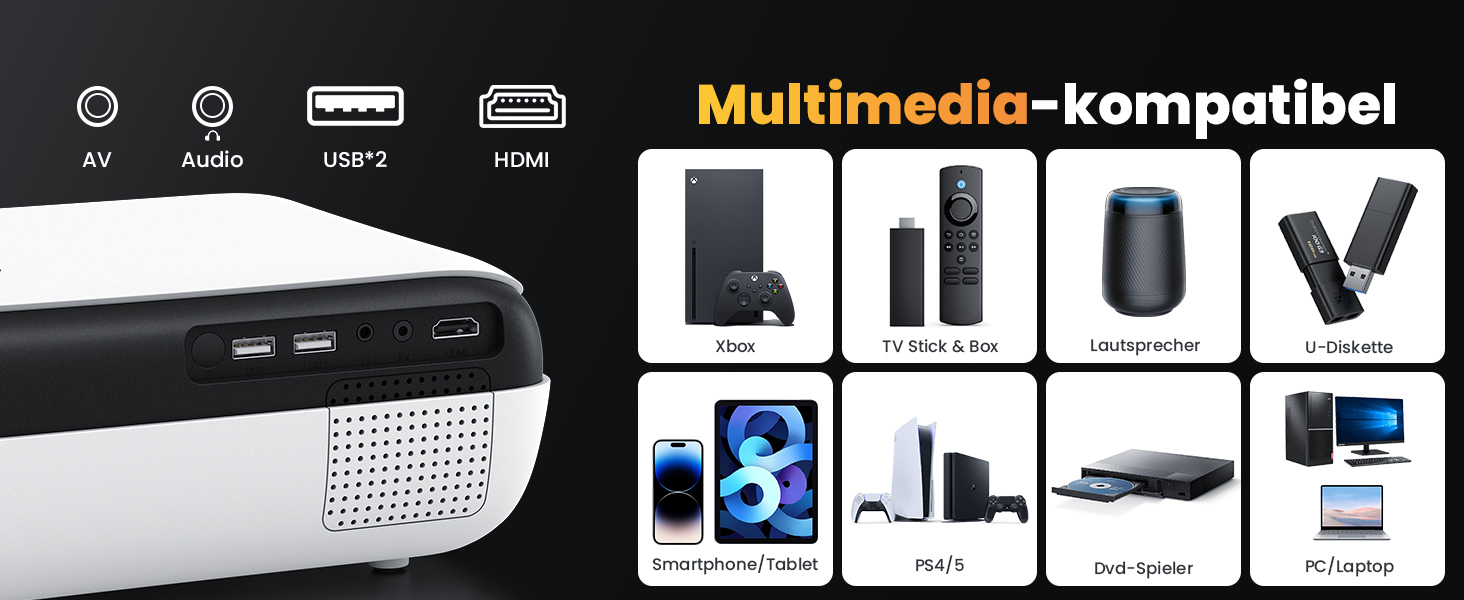 HOPVISION Beamer: проєктор 9500 люмен, 4K, Bluetooth, Full HD 1080p для домашнього кінотеатру. Сумісний зі смартфонами, HDMI, USB, ноутбуками, Fire Stick, PS5