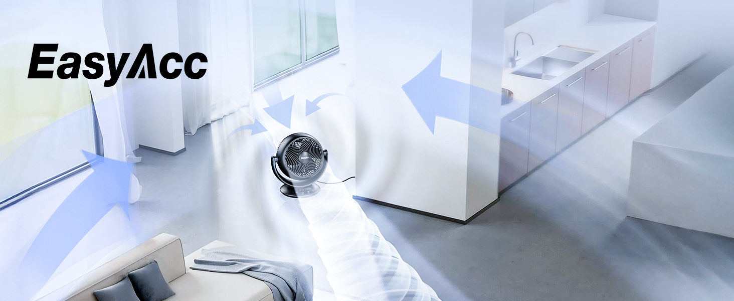 Вентилятор EasyAcc тихий, 25dB, настільний, з авто-осциляцією 90°, 3D Turbo, з пультом, 3 швидкості, таймер 2-12 годин, для спальні - чорний