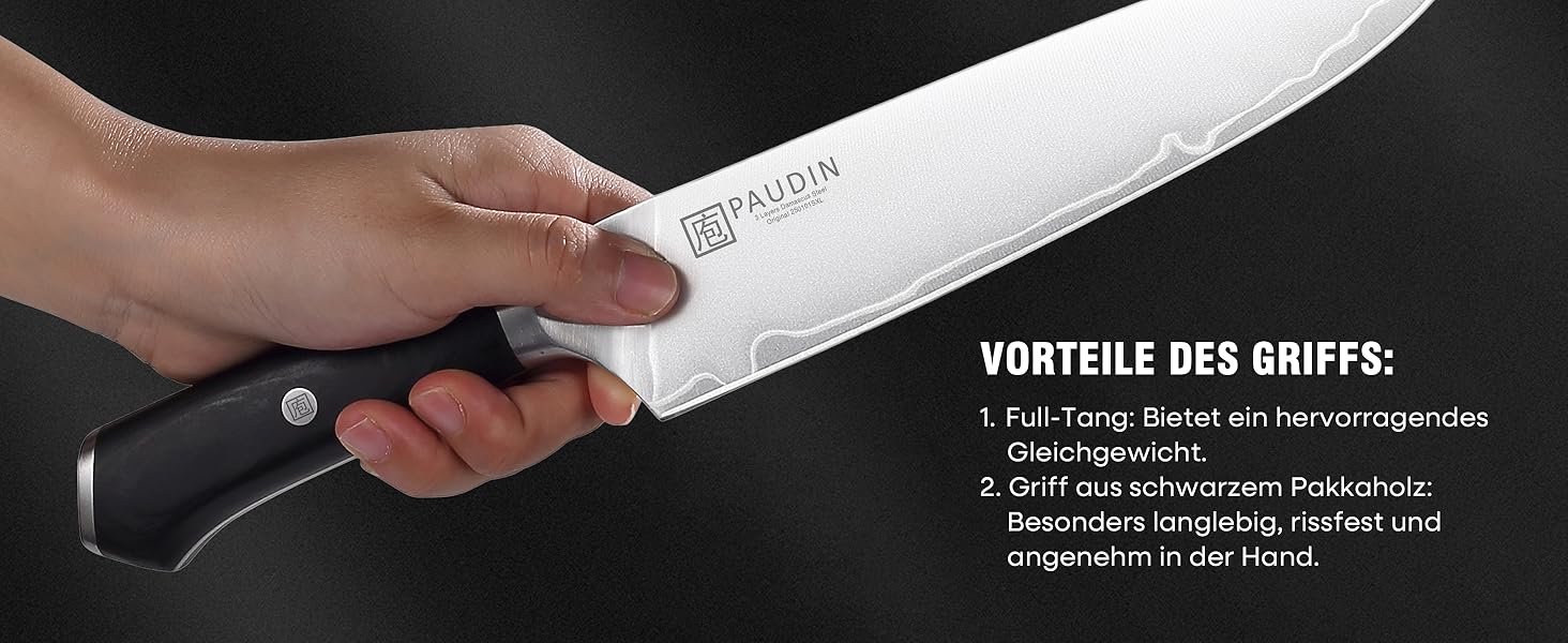 Набір кухонних ножів PAUDIN 4 шт: кухонний ніж, саторі, універсальний ніж, ніж для овочів. Професійний, гострий, з нержавіючої сталі 10Cr15CoMoV (твердість 62 HRC), з ергономічною дерев'яною ручкою