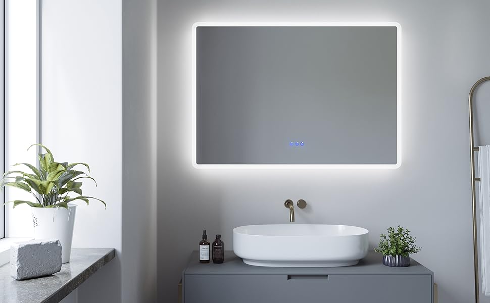 Дзеркало для ванної кімнати AQUABATOS з підсвічуванням 100x70 см LED, антизапарник, сенсорне управління, 3 кольори світла, регулювання яскравості, для настінної установки