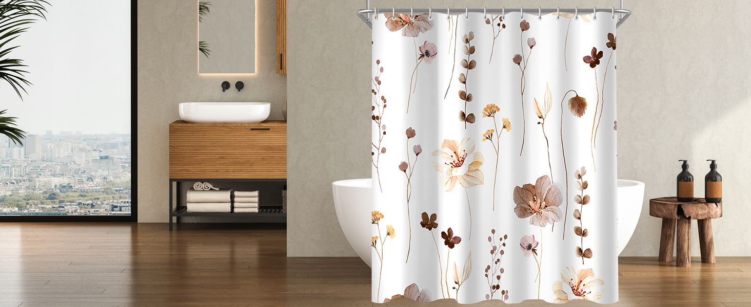 Штора для душу 240x200 см коричнева з квітами, антигрибкова, водовідштовхувальна, поліестер, з кільцями для ванної кімнати