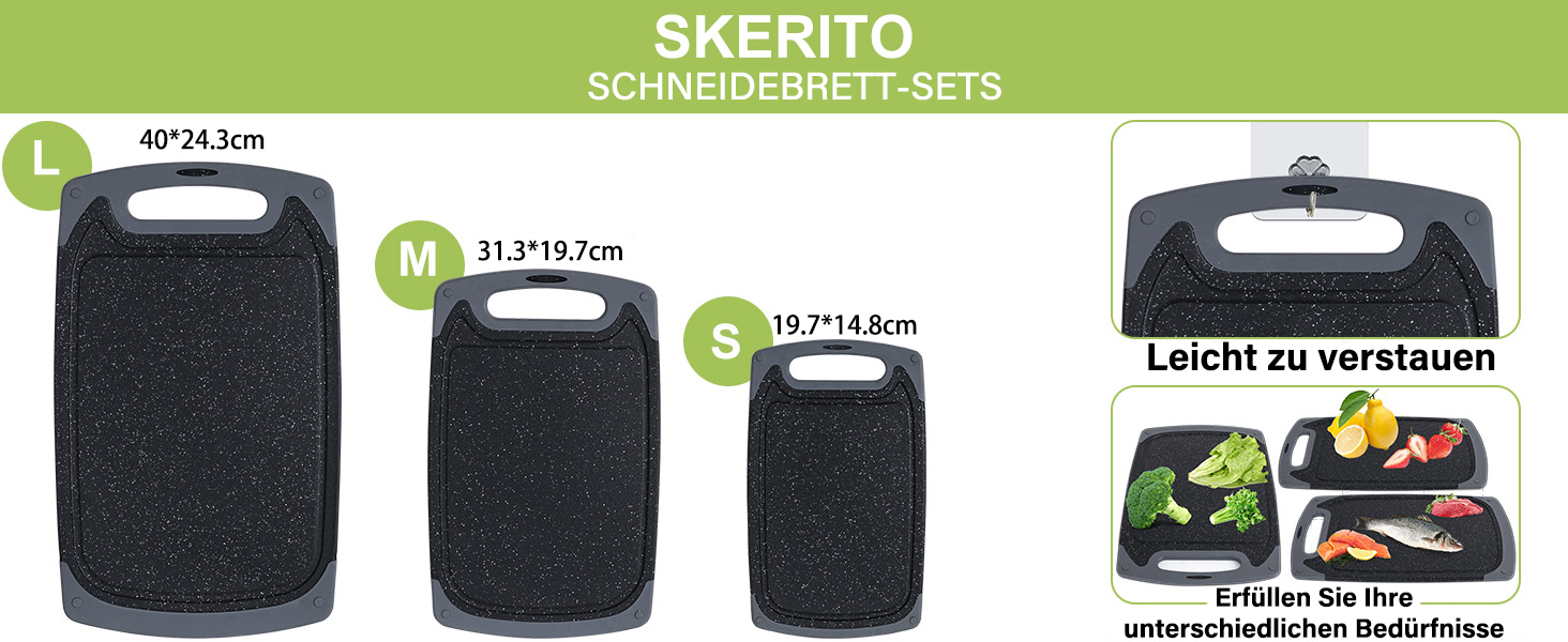 Набір з 3-х обробних дощок SKERITO з антиковзкими ручками, з жолобками для соку, чорного кольору, BPA Free