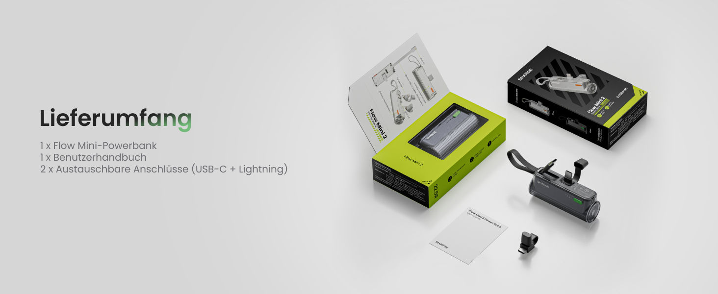 Power Bank SHARGE Flow Mini 2 22.5W: Компактний акумулятор з інтегрованим кабелем для iPhone та Galaxy, USB-C та Lightning