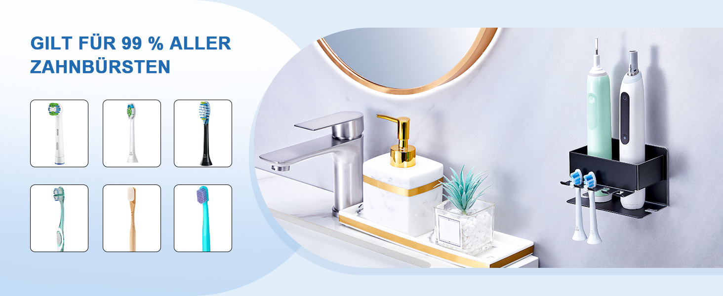 Тримач для зубних щіток настінний, для електричної зубної щітки, з підставкою для насадок, без свердління, чорний, компактний