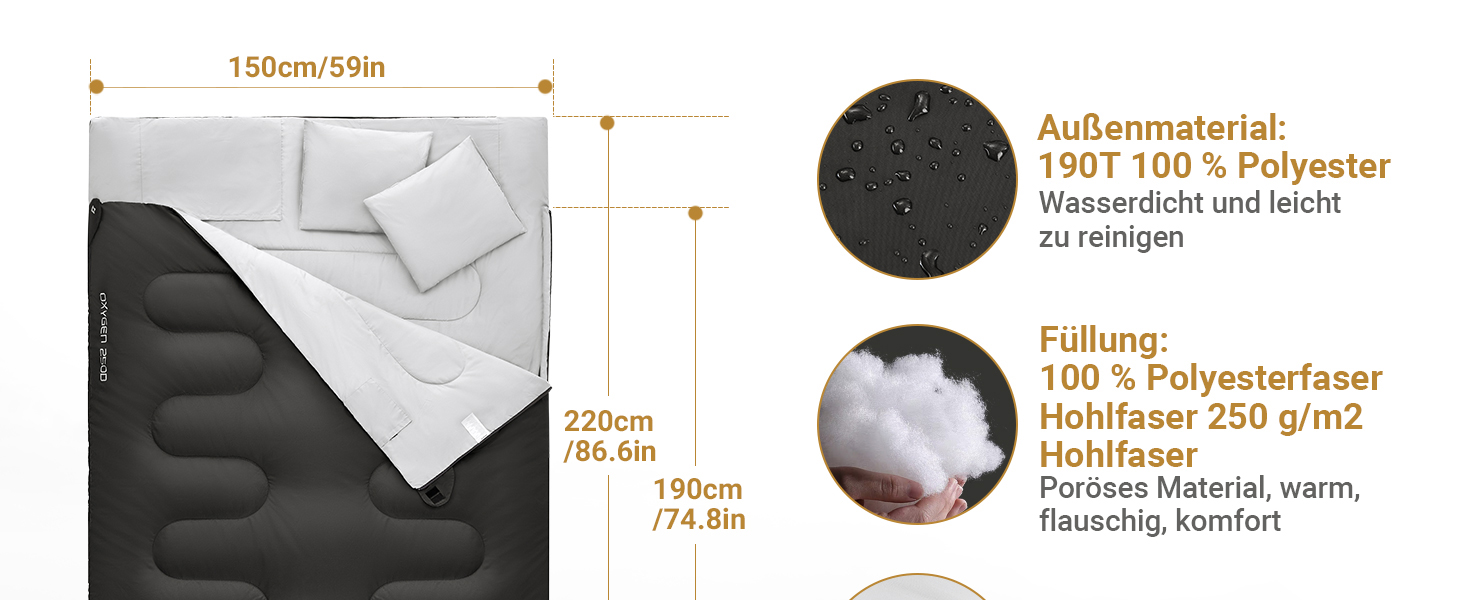 KingCamp Double Sleeping Bag - Winter Adult Sleeping Bag for 2 People with Carry Bag - Black