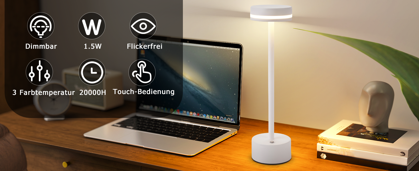 Настільна лампа акумуляторна LED 2 в 1: бездротова, димована, з USB-C зарядкою, сенсорна, для спальні, їдальні, офісу (біла)