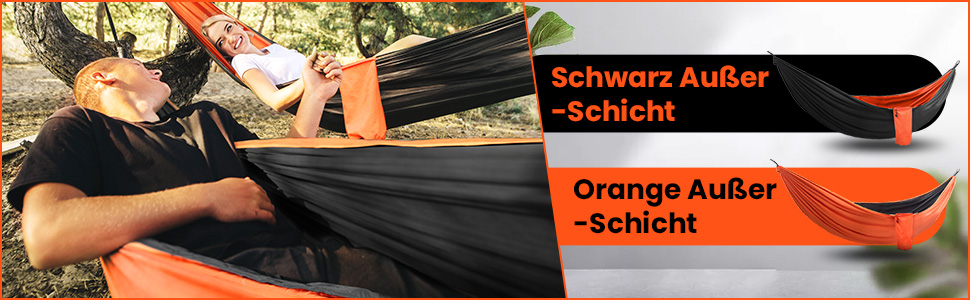 Гамак Overmont двошаровий, сертифікований TÜV, 400 кг, 280x185 см, нейлон, для кемпінгу, відпочинку на природі, чорно-помаранчевий
