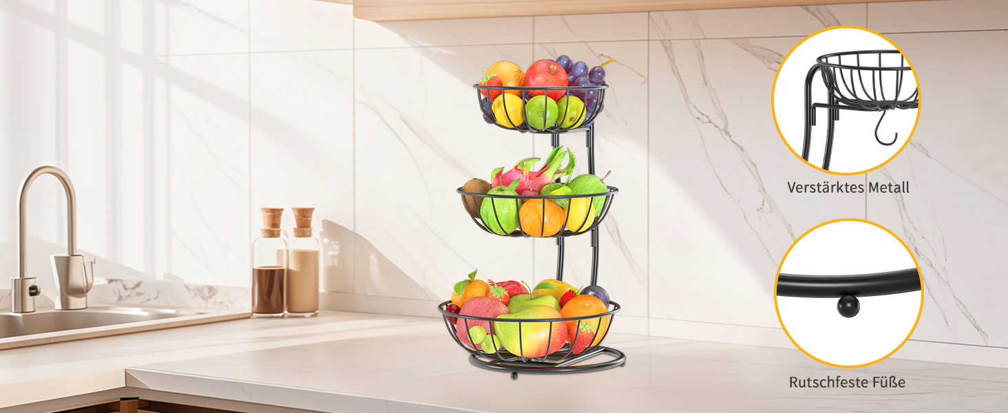PouHenier 5-ярусная фруктова корзина для кухні, металева етажерка для фруктів та овочів, з тримачем для бананів, чорного кольору