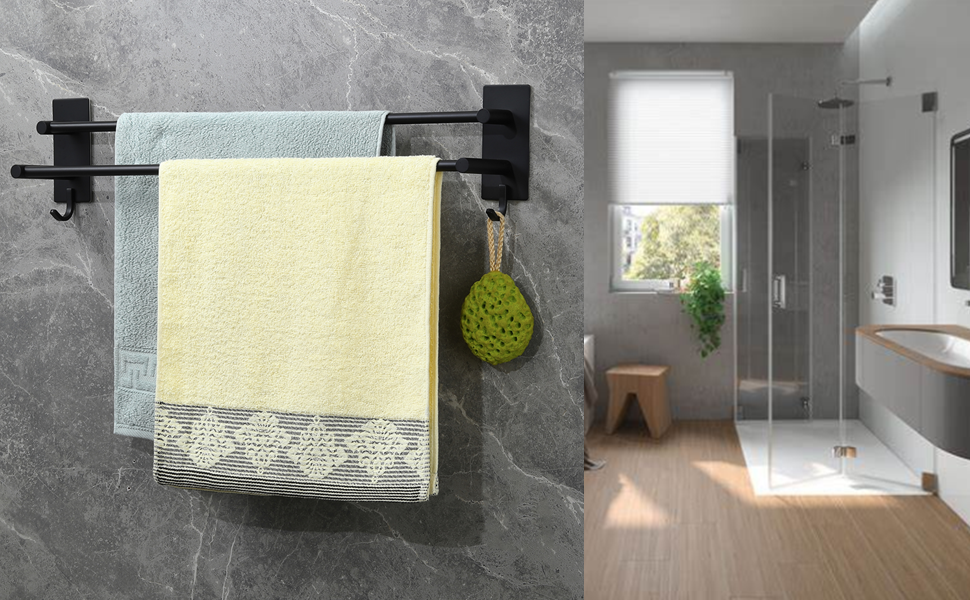 Тримач для рушників Vista без свердління, подвійний, 43.5 см, нержавіюча сталь, рушник-перекладина для ванної кімнати, самоклеючий, для ванної/кухні (60 см, чорний)