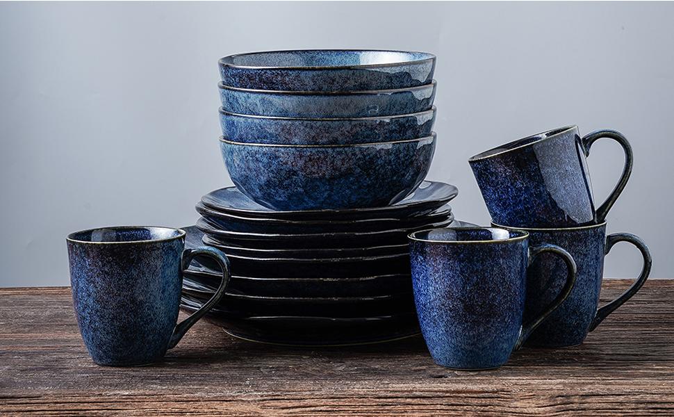 Vicrays Coffee Mugs Porcelain 4-Piece Set, 350 ml Mug with Handle for Hot Drinks, Porcelain Cup Suitable for Dishwasher & Microwave (Blue)