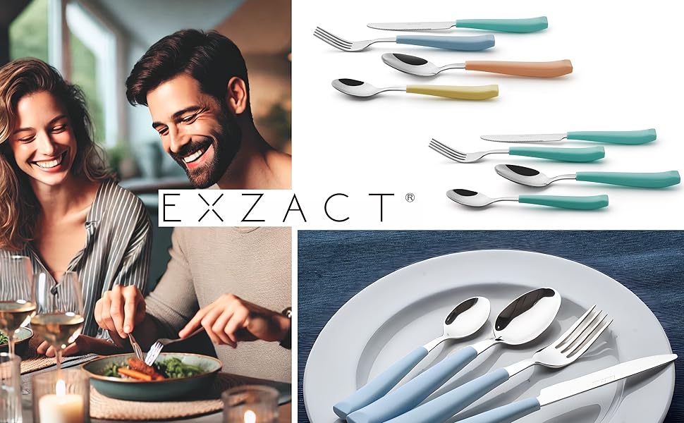 Набір столових приборів EXZACT 24 шт. – нержавіюча сталь, кольорові пластикові ручки, 6 виделок, 6 ножів, 6 столових ложок, 6 чайних ложок