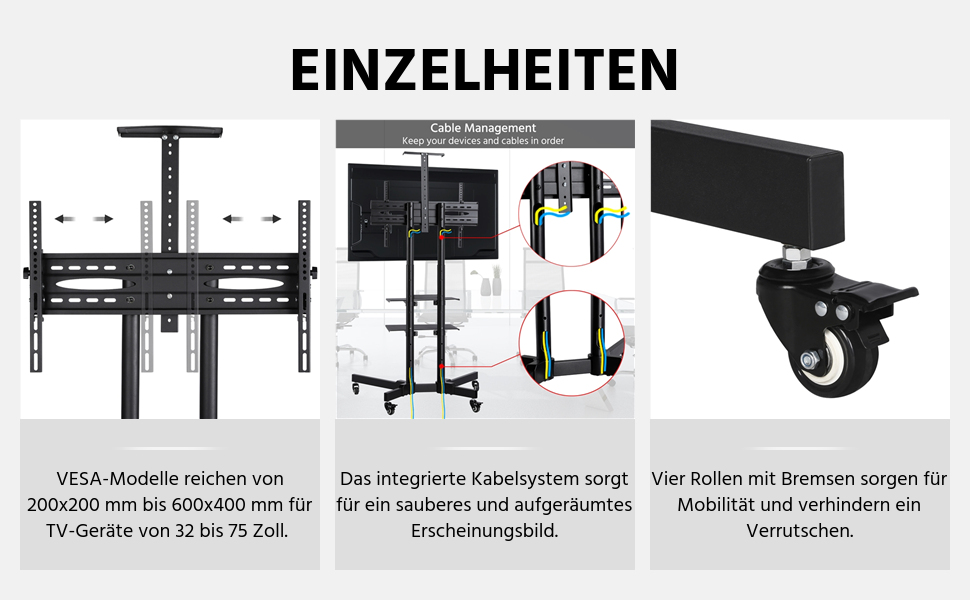 Yaheetech Rolling TV Stand with Adjustable Height and Tilt - VESA Mount, Fits up to 75 inch Flat & Curved TVs (600x400mm)
